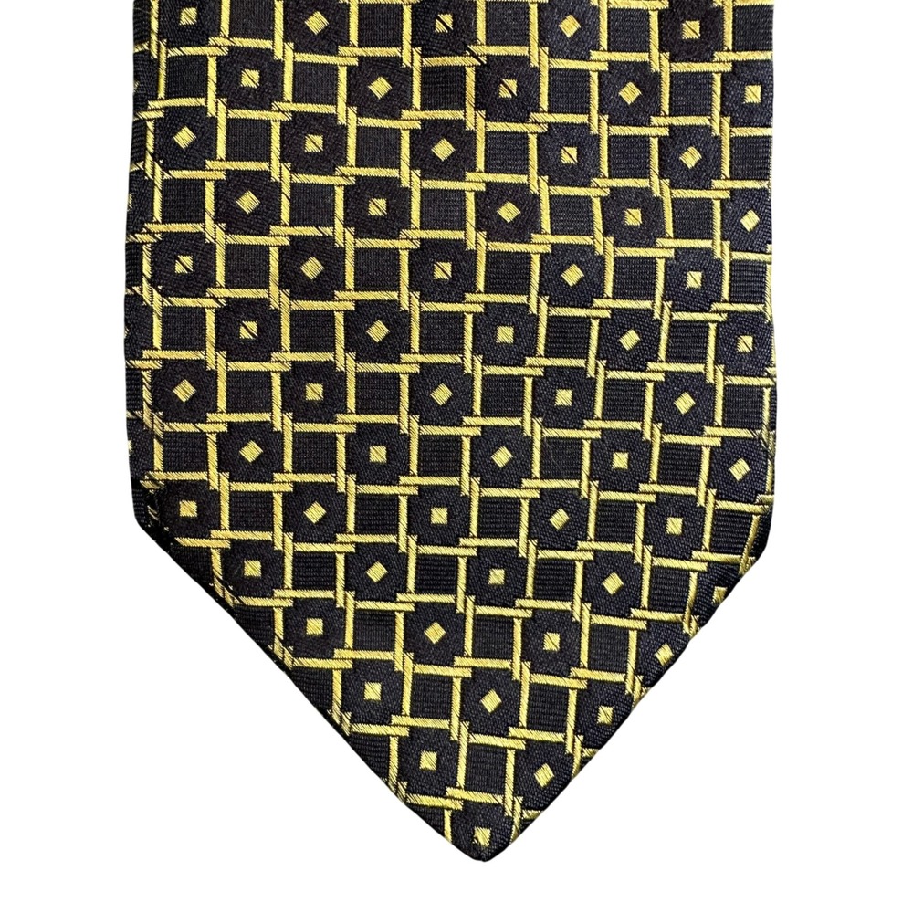 Tom James Silk Tie Navy Blue Gold Geometric Grid Hand Made USA 59x3.75